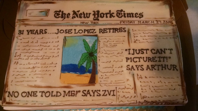 Our amazing local bakery, Riverside Bakehouse in Ardsley, NY, made this great cake -- on 2 days' notice. I wrote the headlines (Arthur is the publisher; Zvi a colleague)